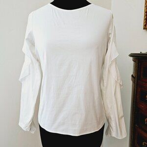Anne Fontaine Seleste White Cotton Blend Ruched Ruffled Long Sleeve